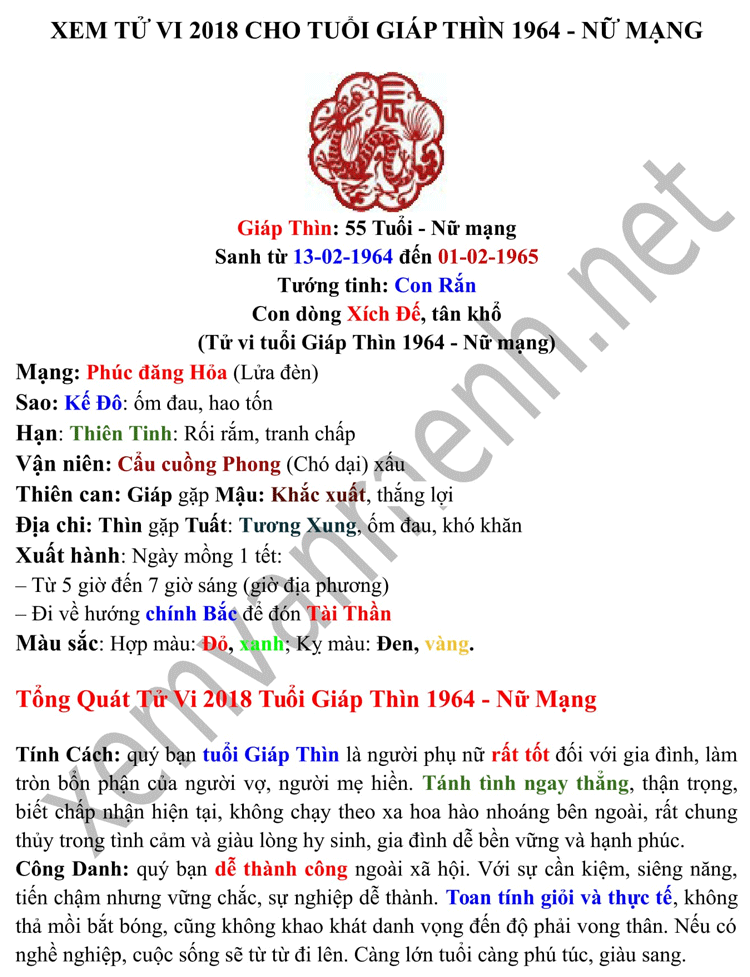 Top 20+ tử vi tuổi giáp thìn năm 2018 nữ mạng hot nhất 1 Xem tử vi 2018 Giáp Thìn nữ mạng sinh năm 1964 - Xem vận mệnh